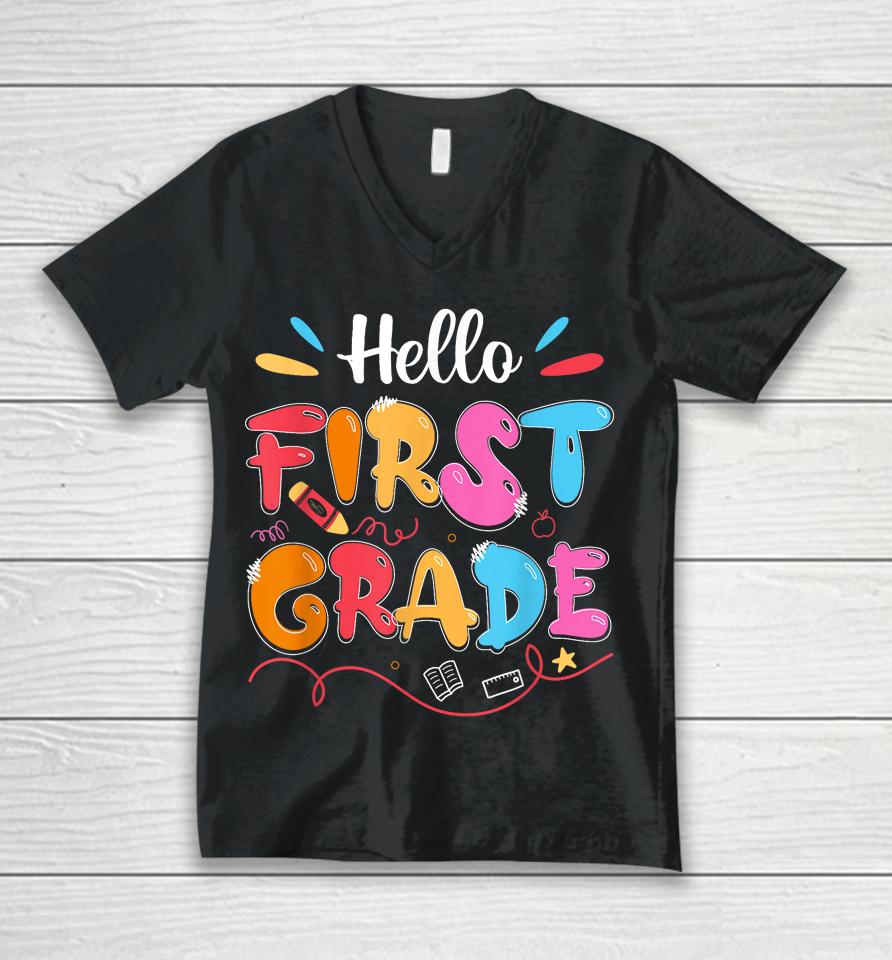Hello 1St Grade Back To School First Grade Teachers Students Unisex V-Neck T-Shirt