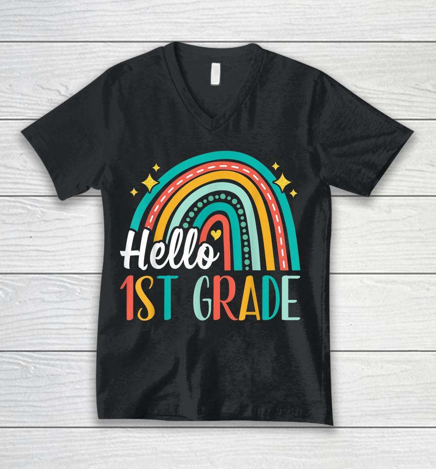 Hello 1St Grade Rainbow For Teachers Girls Kids First Day Unisex V-Neck T-Shirt
