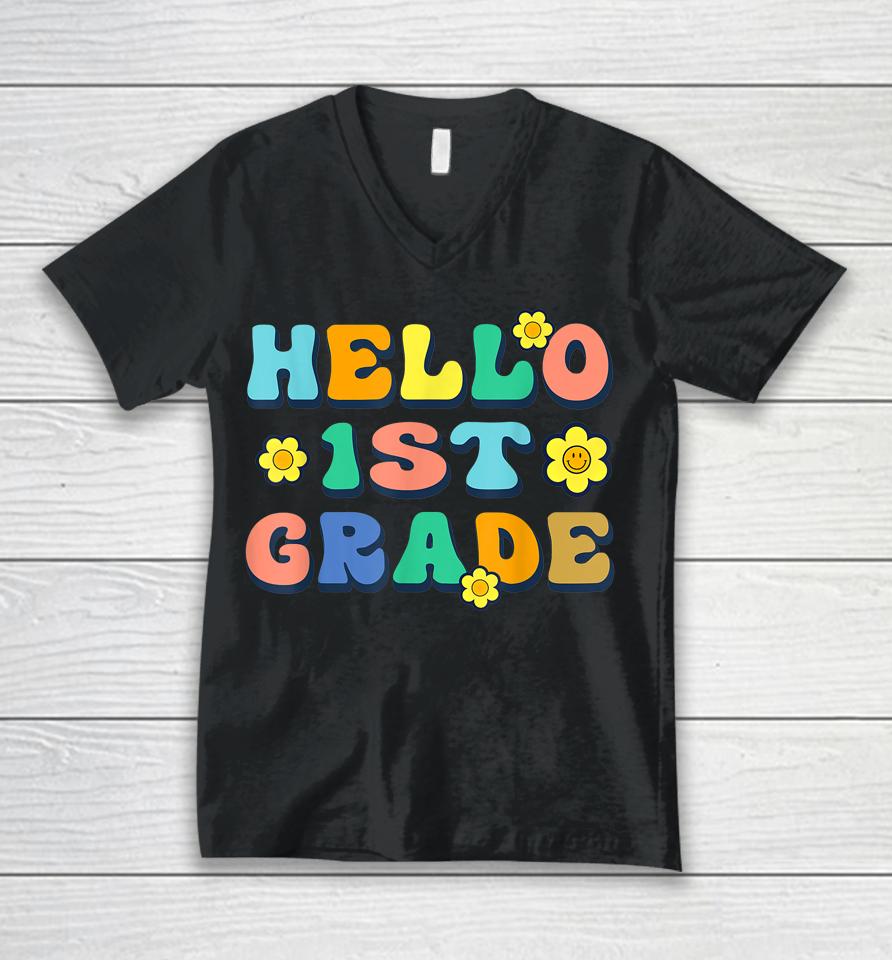Hello 1St Grade Teacher Groovy Vintage Back To School Funny Unisex V-Neck T-Shirt