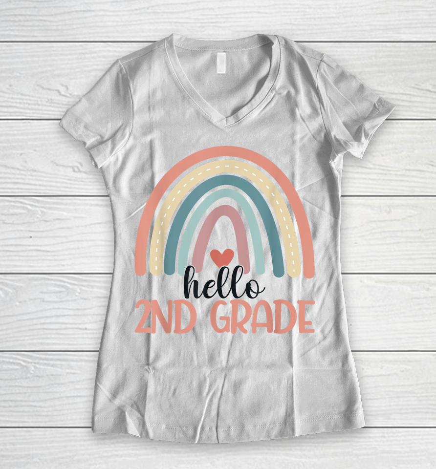 Hello 2Nd Grade Cute Second Grade Rainbow Teacher Student Women V-Neck T-Shirt
