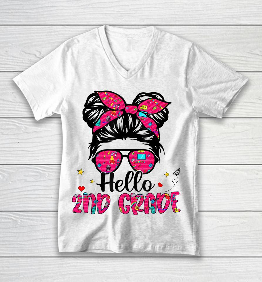 Hello 2Nd Grade Messy Bun Back To School First Day Girl Unisex V-Neck T-Shirt
