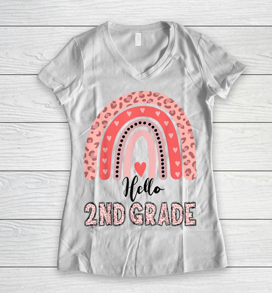 Hello 2Nd Grade Teacher Leopard Rainbow Girls Back To School Women V-Neck T-Shirt