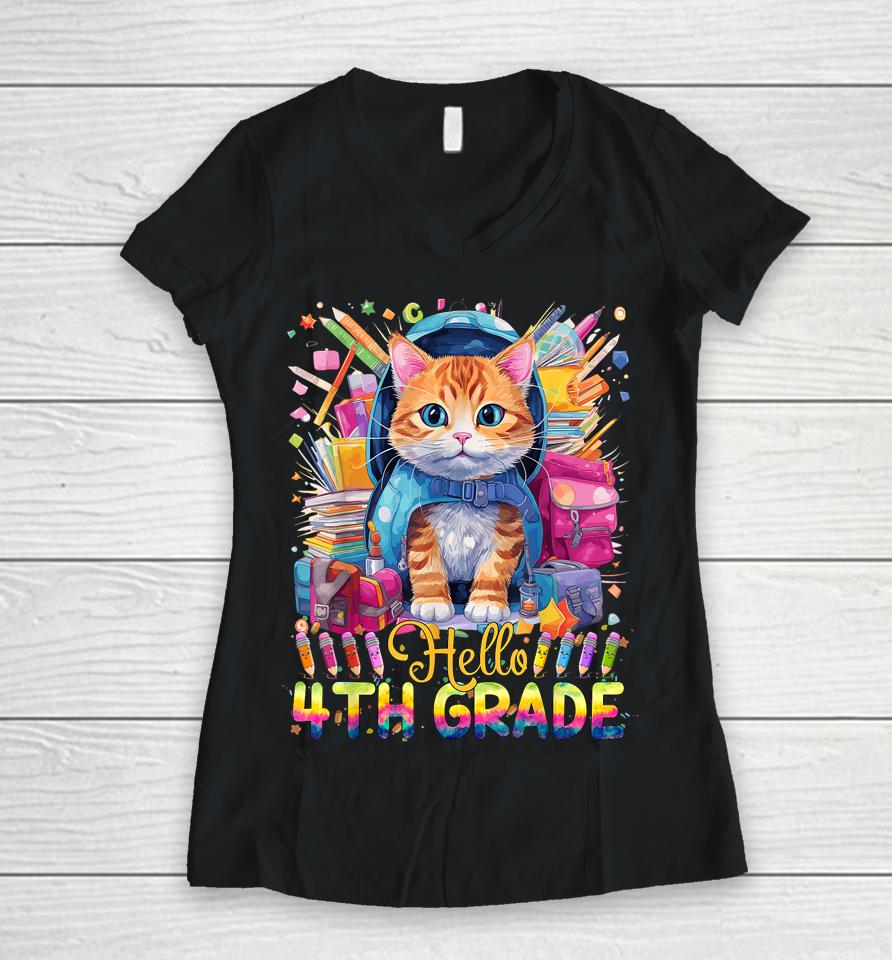 Hello 4Th Grade Back To School First Day Fourth Grade Vibes Women V-Neck T-Shirt
