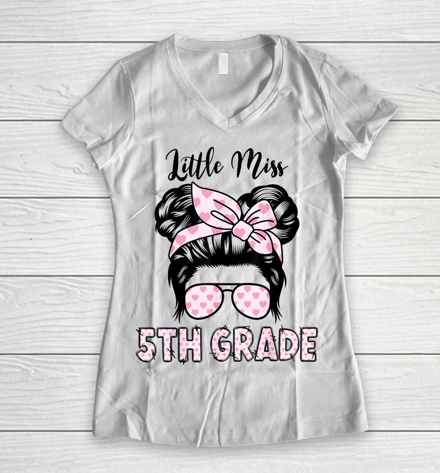 Hello 5Th Grade Messy Bun Girls Cute Heart Back To School Women V-Neck T-Shirt