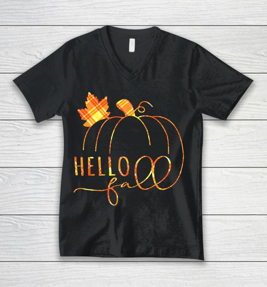 Hello Fall Buffalo Plaid Welcome Fall Thanksgiving Pumpkin Unisex V-Neck T-Shirt