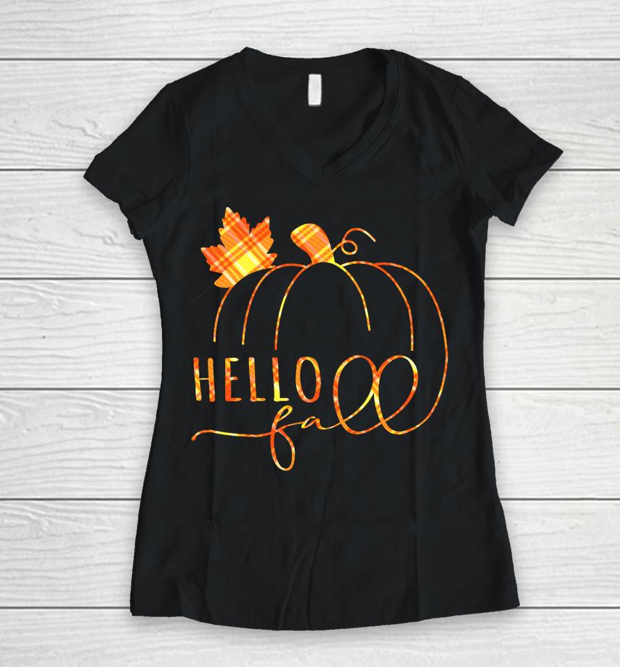 Hello Fall Buffalo Plaid Welcome Fall Thanksgiving Pumpkin Women V-Neck T-Shirt