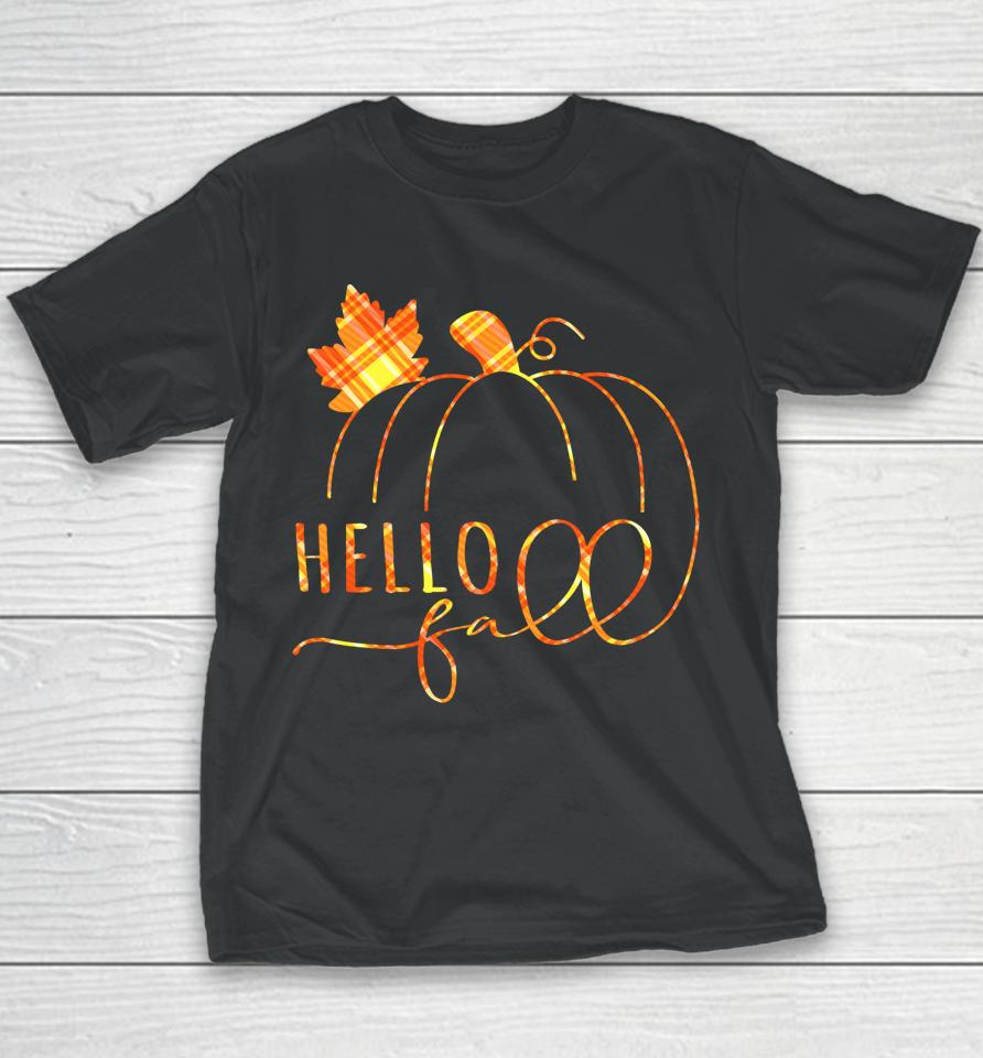 Hello Fall Buffalo Plaid Welcome Fall Thanksgiving Pumpkin Youth T-Shirt