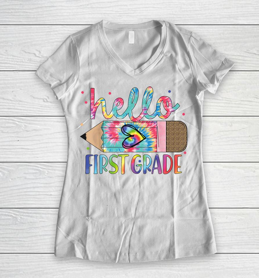 Hello First 1St Grade Back To School Teachers Kids Girls Women V-Neck T-Shirt
