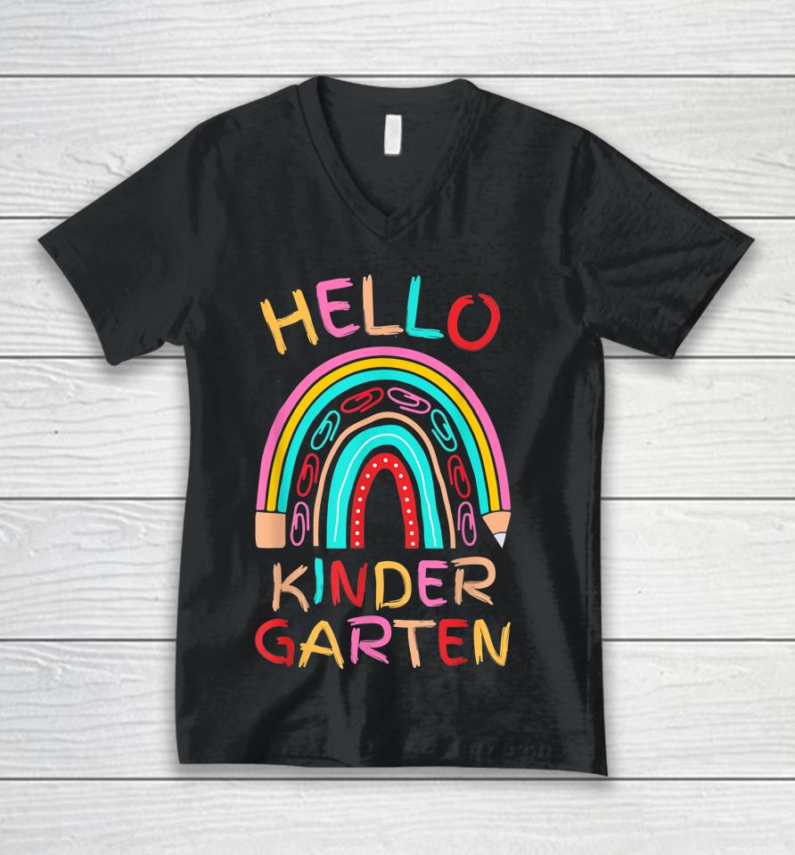 Hello Kindergarten Cute Pencil Rainbow Back To School Unisex V-Neck T-Shirt