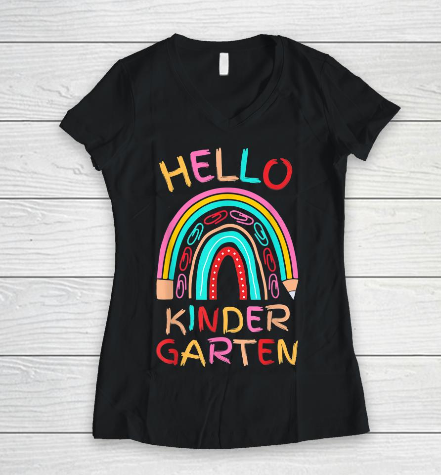Hello Kindergarten Cute Pencil Rainbow Back To School Women V-Neck T-Shirt
