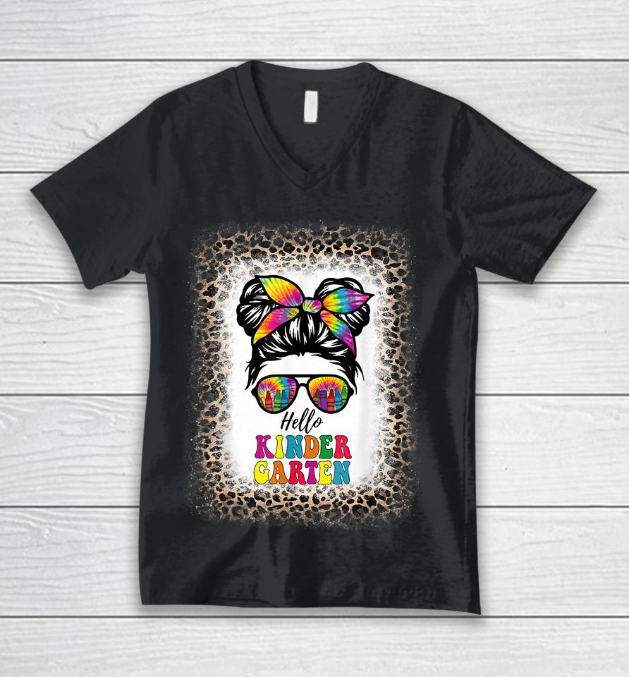 Hello Kindergarten Girl Kinder Tie Dye Hair Bleached Leopard Unisex V-Neck T-Shirt