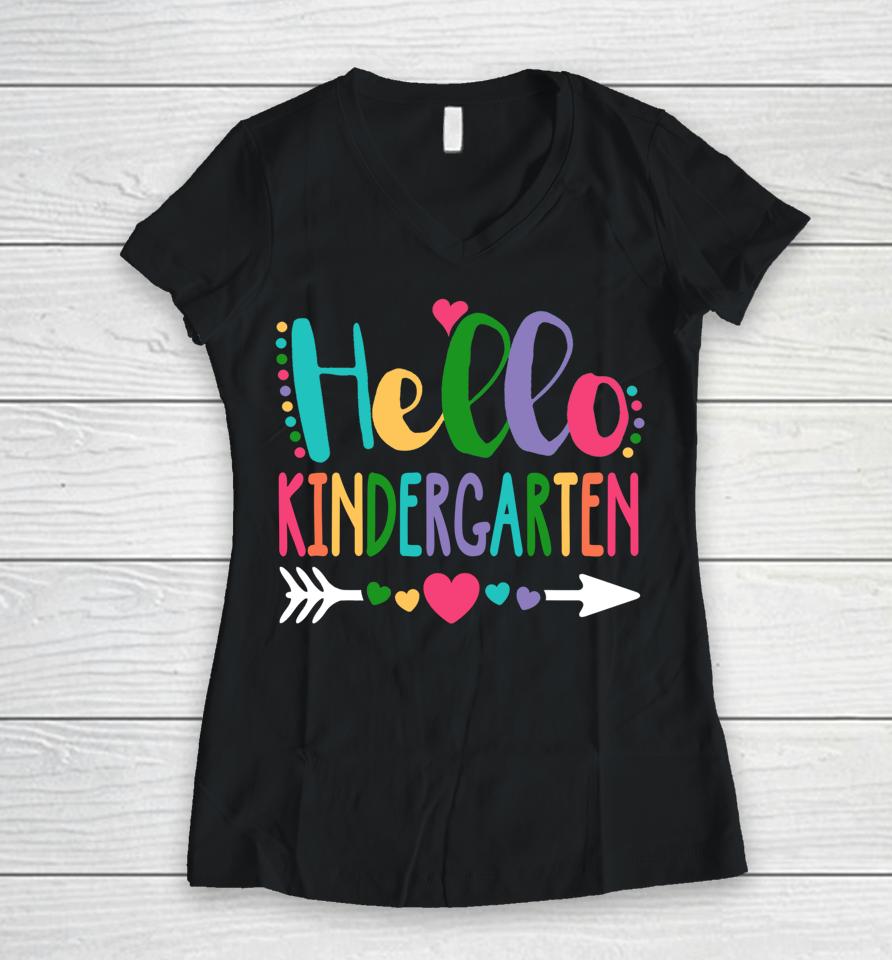 Hello Kindergarten Heart Teacher Student Back To School Women V-Neck T-Shirt