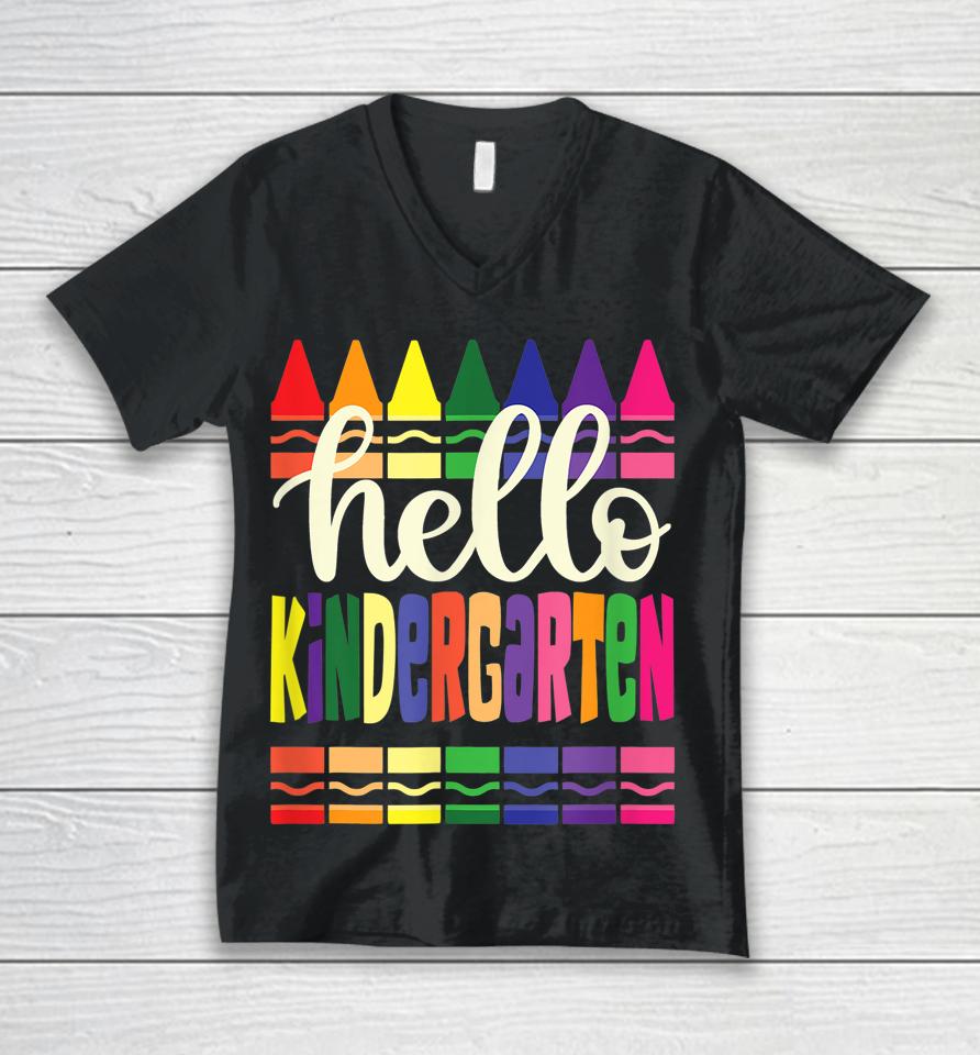 Hello Kindergarten Kids Team Kinder Back To School Teacher Unisex V-Neck T-Shirt