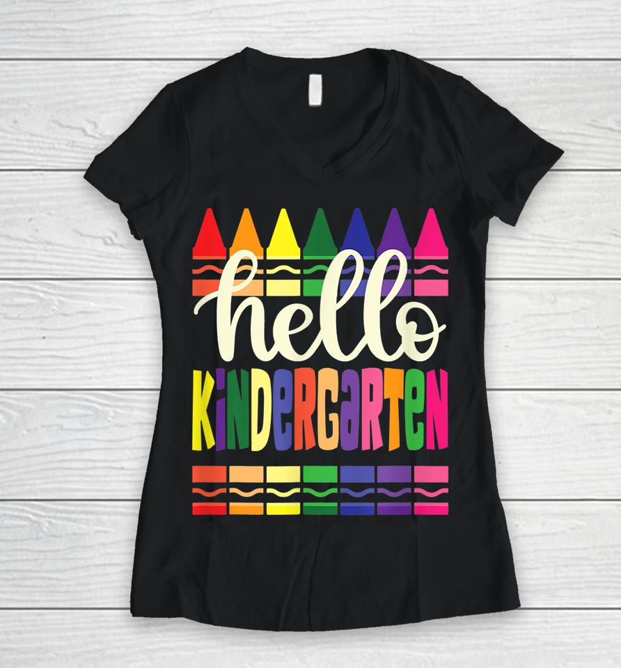 Hello Kindergarten Kids Team Kinder Back To School Teacher Women V-Neck T-Shirt