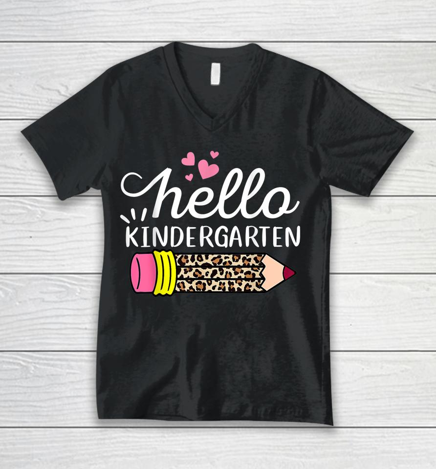 Hello Kindergarten Leopard Pink Pencil Back To School Unisex V-Neck T-Shirt