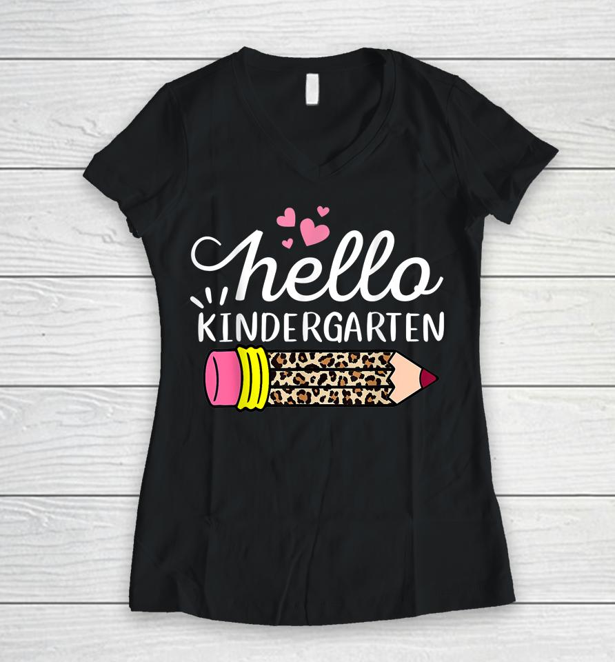Hello Kindergarten Leopard Pink Pencil Back To School Women V-Neck T-Shirt