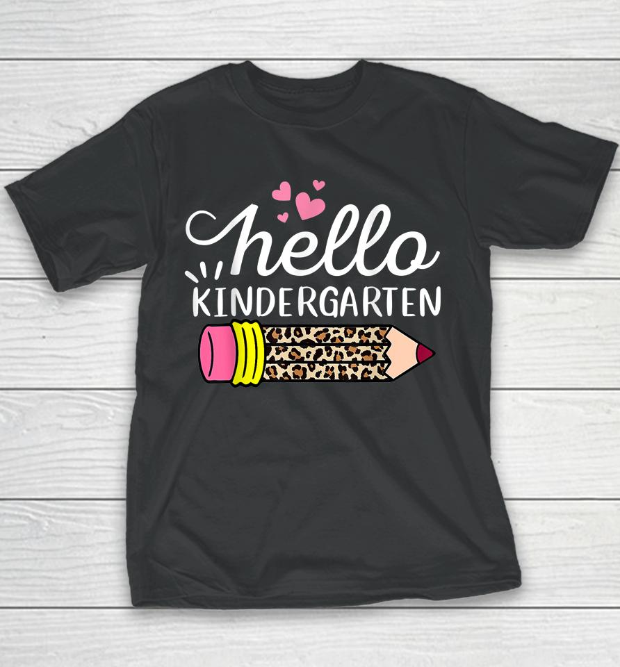 Hello Kindergarten Leopard Pink Pencil Back To School Youth T-Shirt