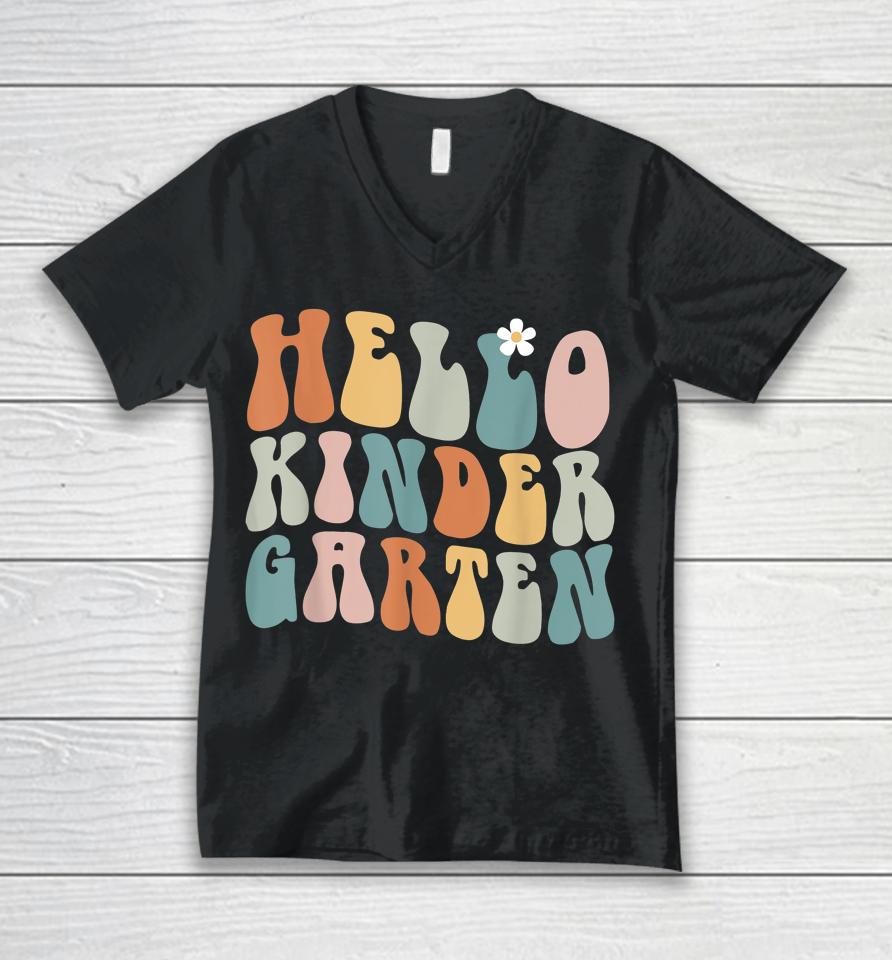 Hello Kindergarten Teacher Team Back To School Groovy Retro Unisex V-Neck T-Shirt