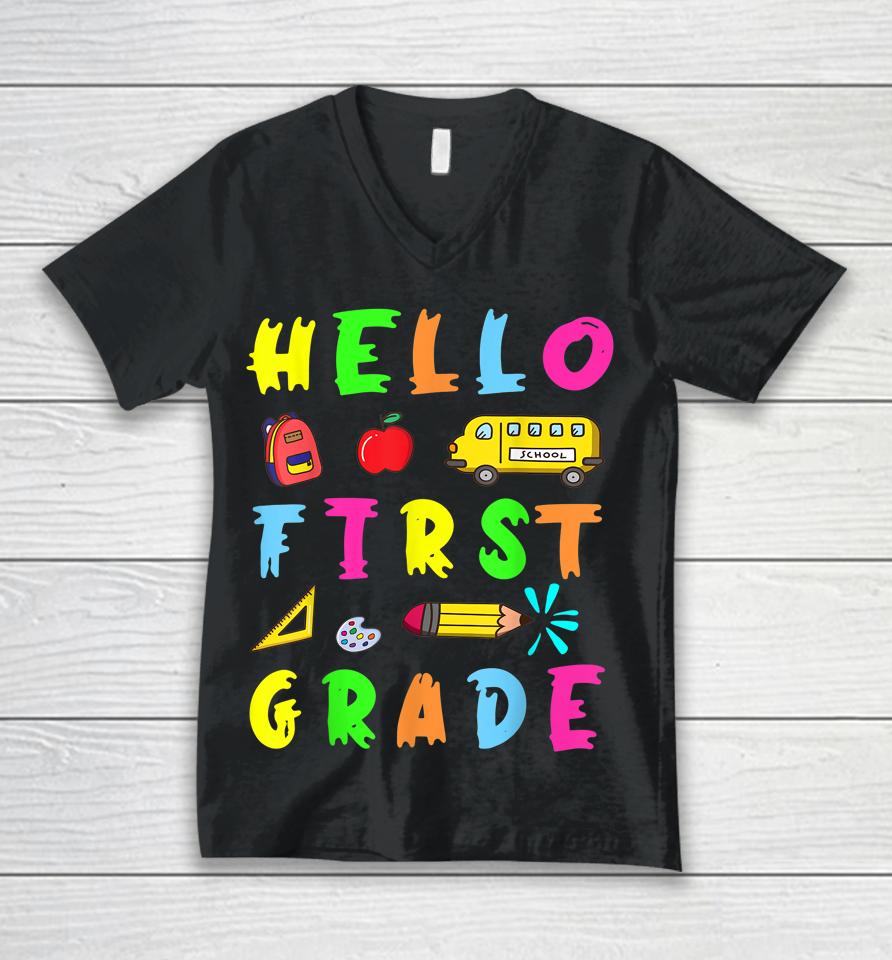 Hello Miss First Grade Back To School Teachers Unisex V-Neck T-Shirt