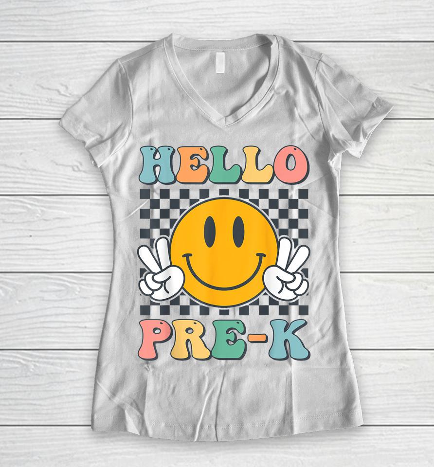 Hello Pre-K Teachers Kids Smile Team Pre K Back To School Women V-Neck T-Shirt