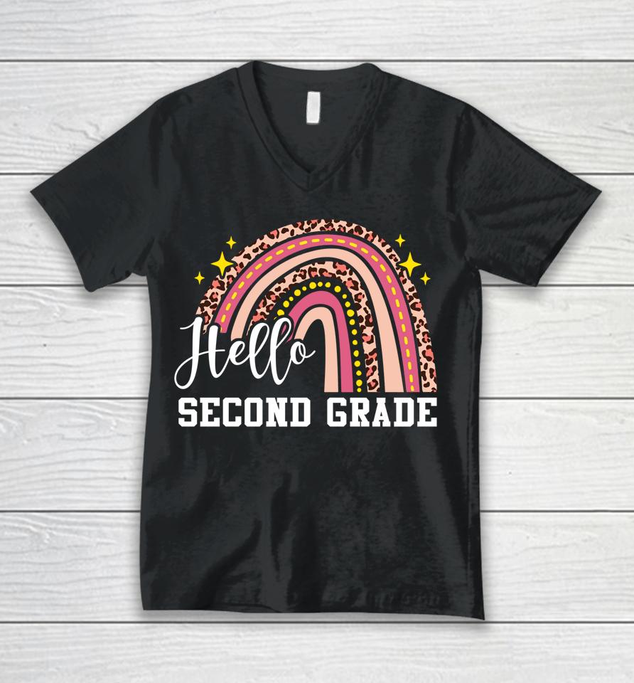 Hello Second Grade 2Nd Grade Rainbow Leopard Back To School Unisex V-Neck T-Shirt