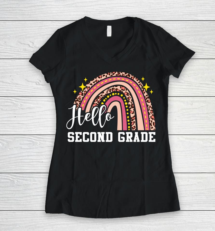 Hello Second Grade 2Nd Grade Rainbow Leopard Back To School Women V-Neck T-Shirt