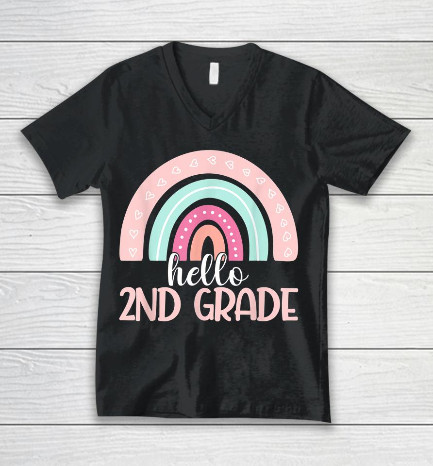 Hello Second Grade Back To School 2Nd Grade Teacher Rainbow Unisex V-Neck T-Shirt