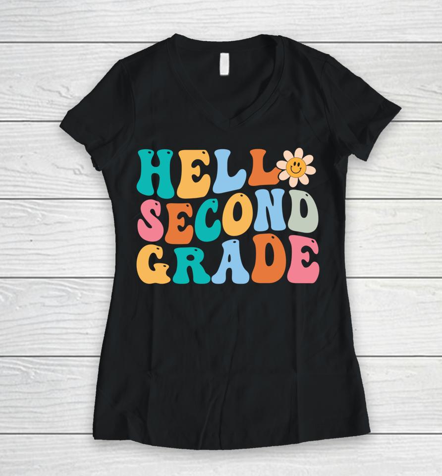 Hello Second Grade Back To School Retro Teacher Women V-Neck T-Shirt