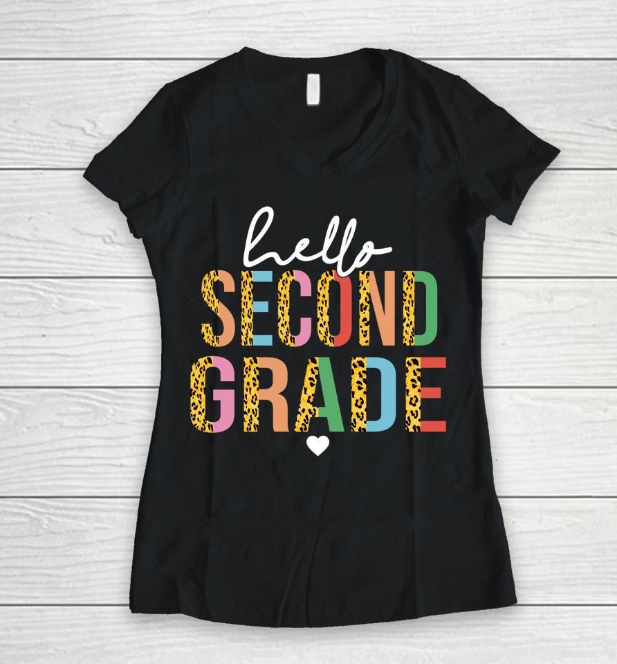Hello Second Grade Leopard Back To School 2Nd Grade Teacher Women V-Neck T-Shirt
