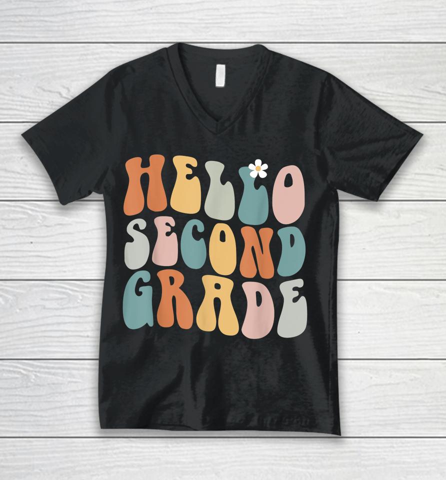 Hello Second Grade Teacher Team Back To School Groovy Retro Unisex V-Neck T-Shirt