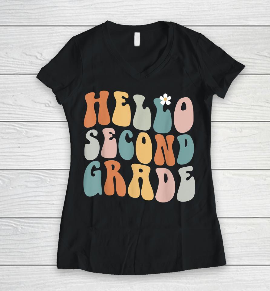 Hello Second Grade Teacher Team Back To School Groovy Retro Women V-Neck T-Shirt