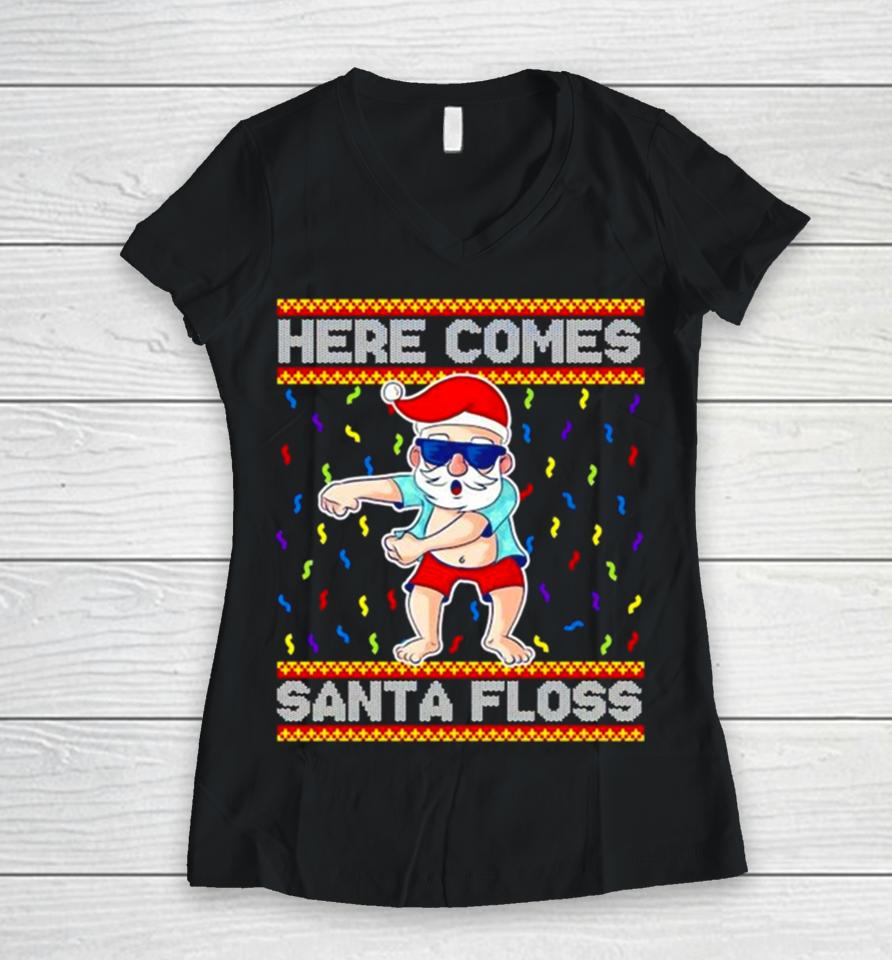 Here Comes Santa Floss Christmas Women V-Neck T-Shirt