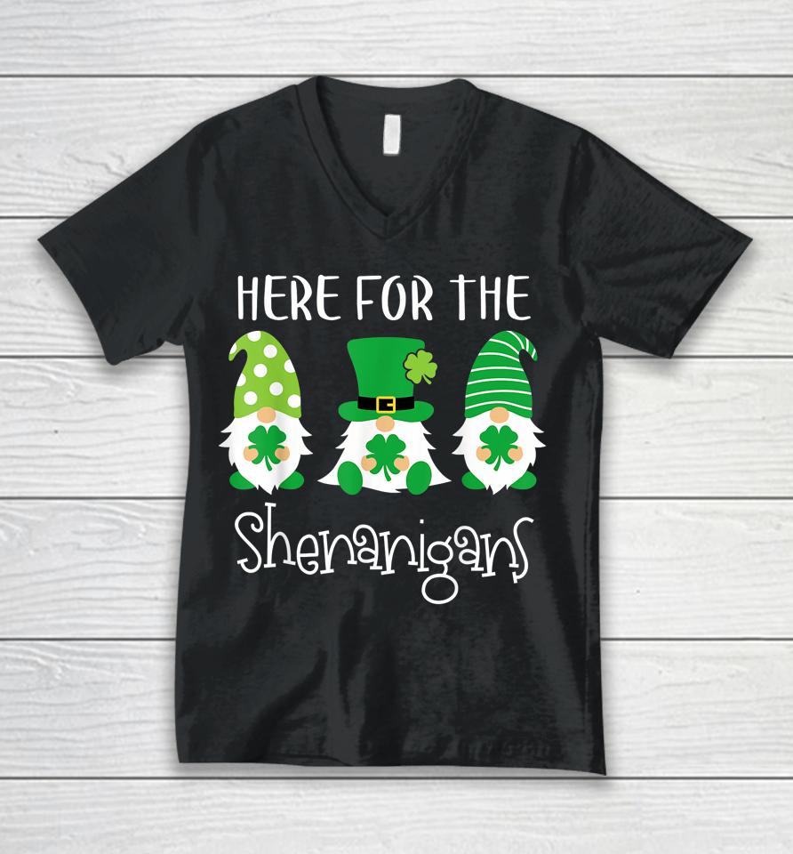 Here For The Shenanigans Shirt St Patrick's Day Gnome Unisex V-Neck T-Shirt