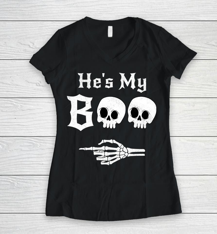 He’s My Boo &Amp; She’s My Boo Halloween Matching Couples Pajama Women V-Neck T-Shirt