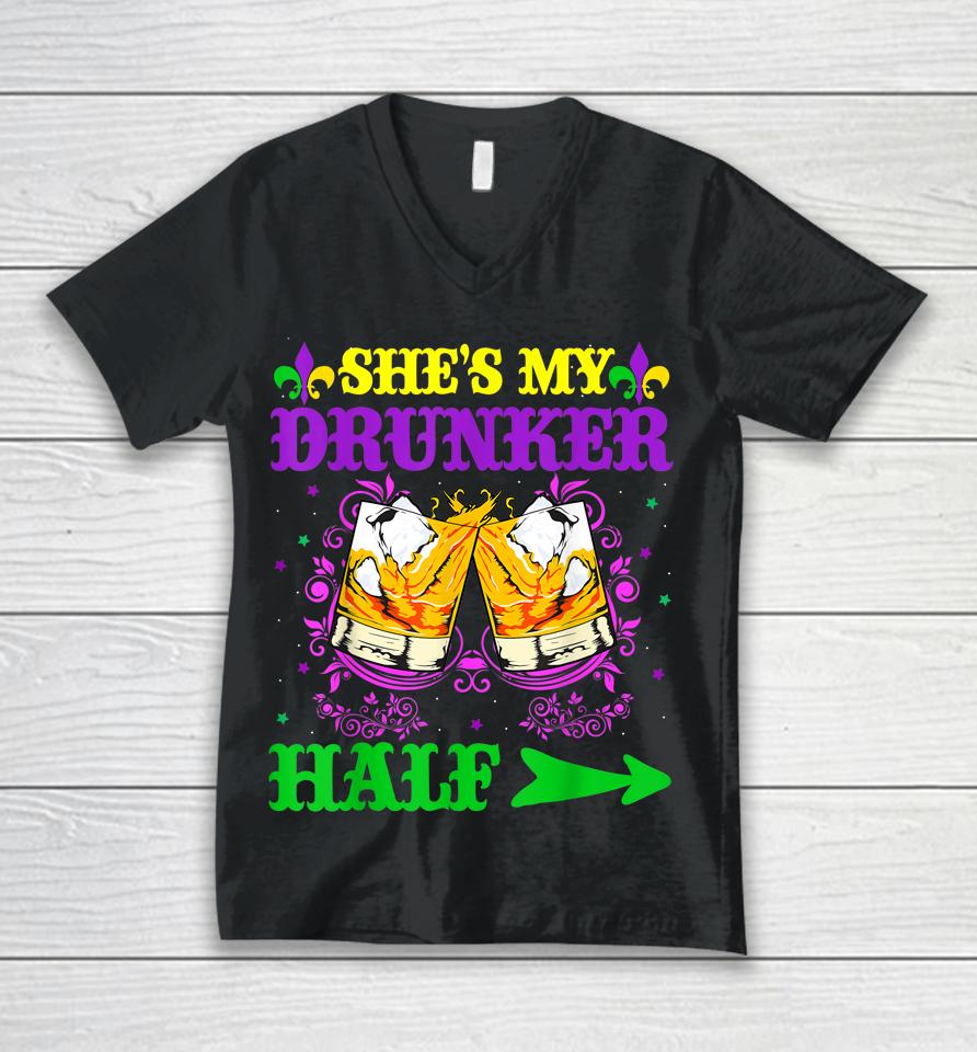 He's My Drunker Half Mardi Gras Couples Unisex V-Neck T-Shirt