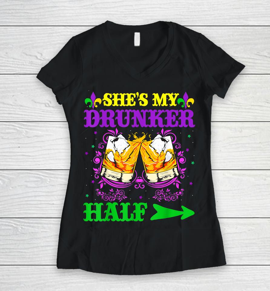 He's My Drunker Half Mardi Gras Couples Women V-Neck T-Shirt