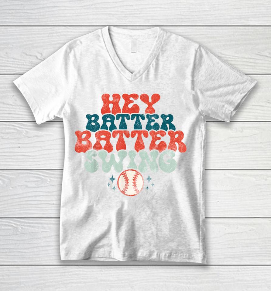 Hey Batter Batter Swing Funny Baseball Pitcher Support Unisex V-Neck T-Shirt