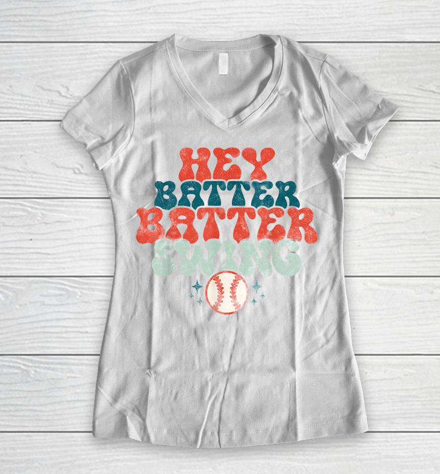 Hey Batter Batter Swing Funny Baseball Pitcher Support Women V-Neck T-Shirt