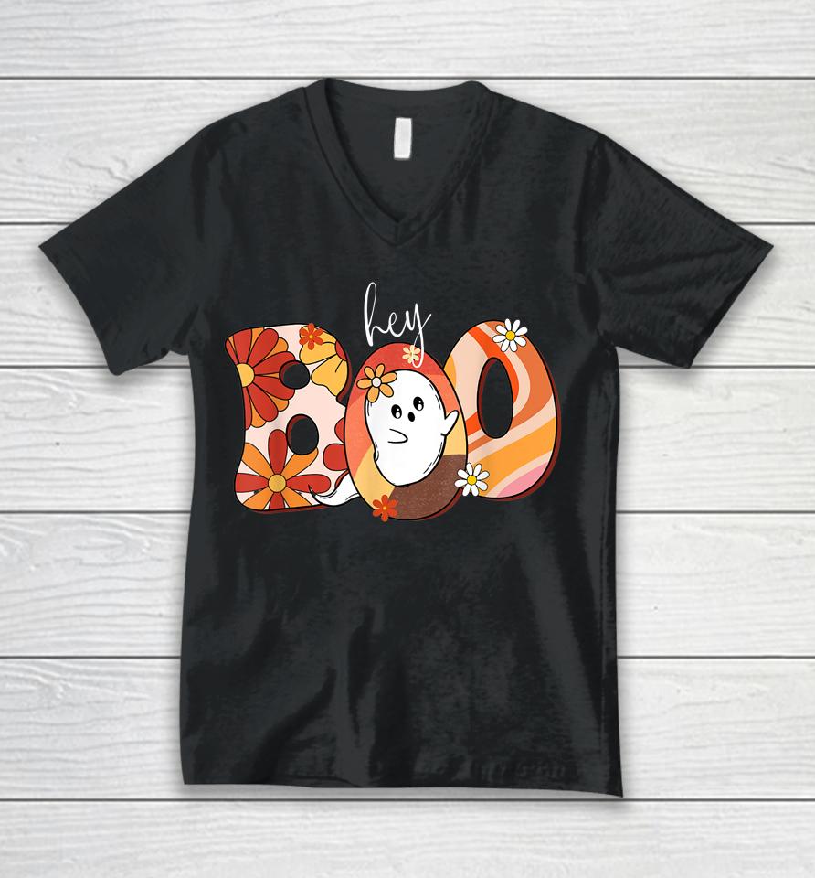 Hey Boo Retro Halloween Ghost Unisex V-Neck T-Shirt