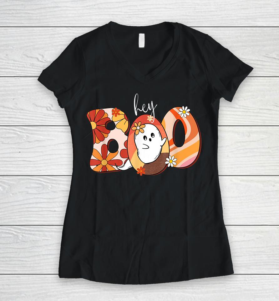 Hey Boo Retro Halloween Ghost Women V-Neck T-Shirt