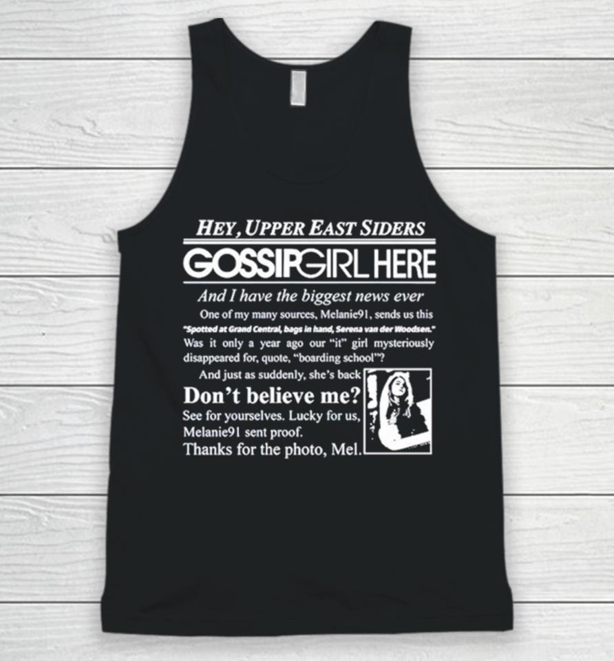 Hey Upper East Siders Gossip Girl Here And I Have Biggest News Ever Unisex Tank Top