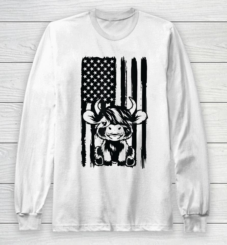 Highland Cow Baby American Flag Usa Patriot Long Sleeve T-Shirt