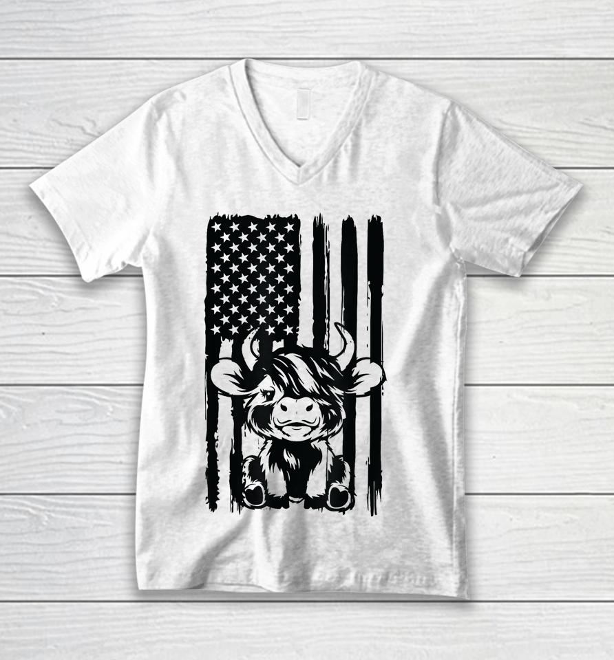 Highland Cow Baby American Flag Usa Patriot Unisex V-Neck T-Shirt