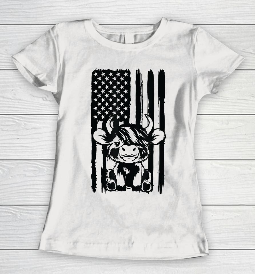 Highland Cow Baby American Flag Usa Patriot Women T-Shirt