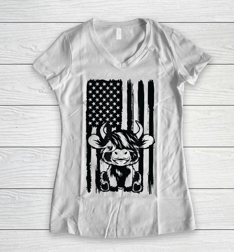 Highland Cow Baby American Flag Usa Patriot Women V-Neck T-Shirt