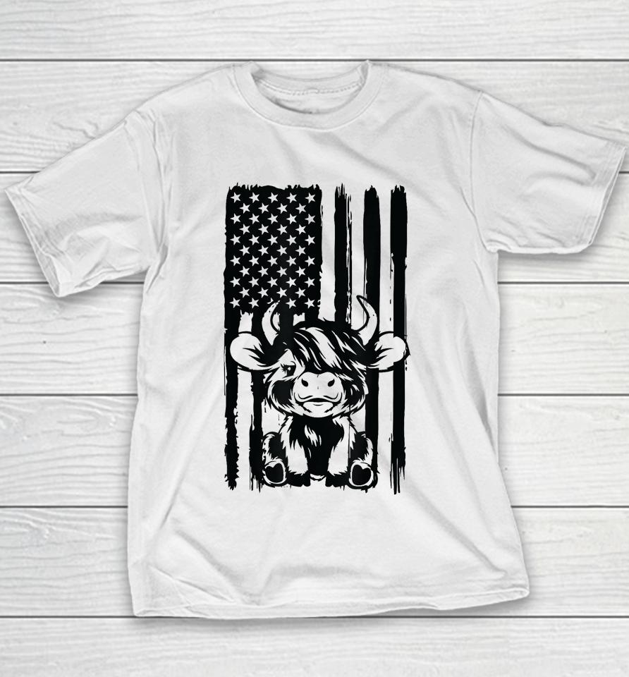 Highland Cow Baby American Flag Usa Patriot Youth T-Shirt
