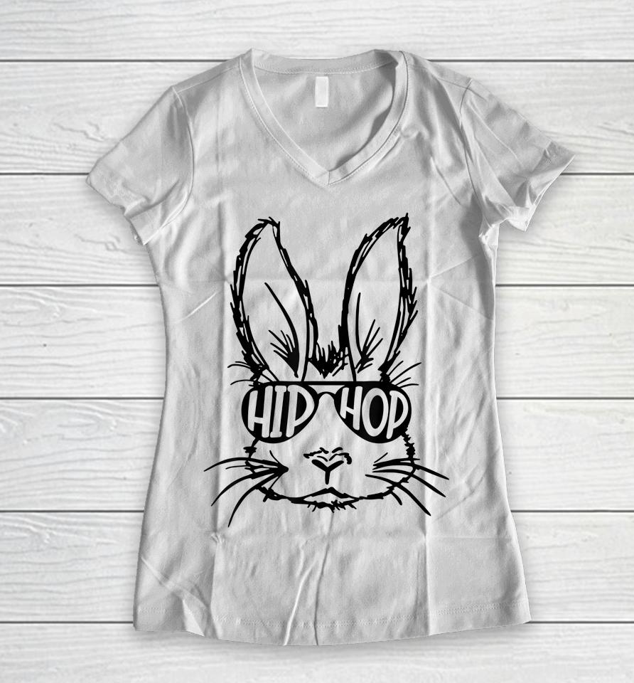 Hip Hop Bunny Face With Sunglasses Easter Women V-Neck T-Shirt