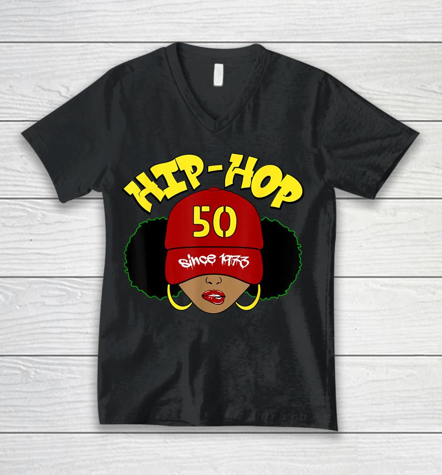 Hip Hop Is 50 Shirt 50Th Anniversary Afro Puffs Black Women Unisex V-Neck T-Shirt