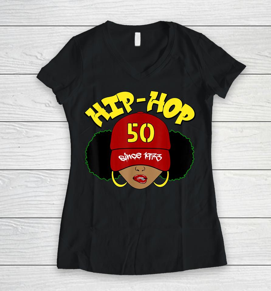 Hip Hop Is 50 Shirt 50Th Anniversary Afro Puffs Black Women Women V-Neck T-Shirt