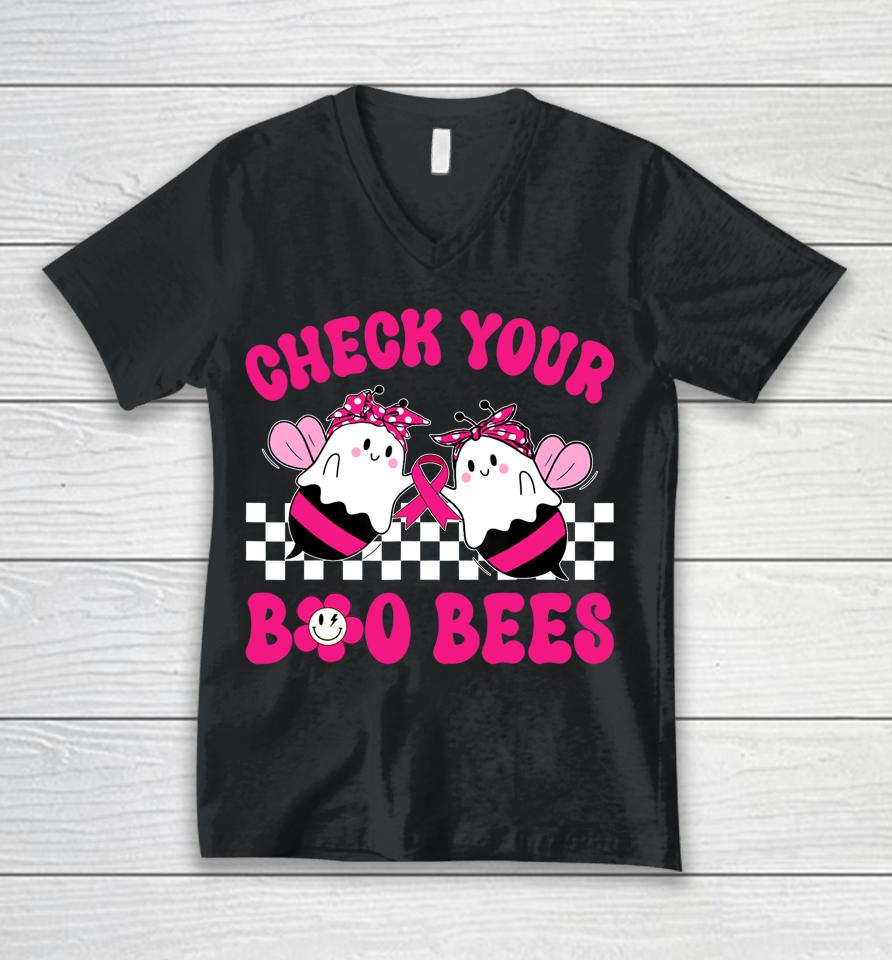 Hippie Groovy Check Your Boo Bees Breast Cancer Halloween Unisex V-Neck T-Shirt